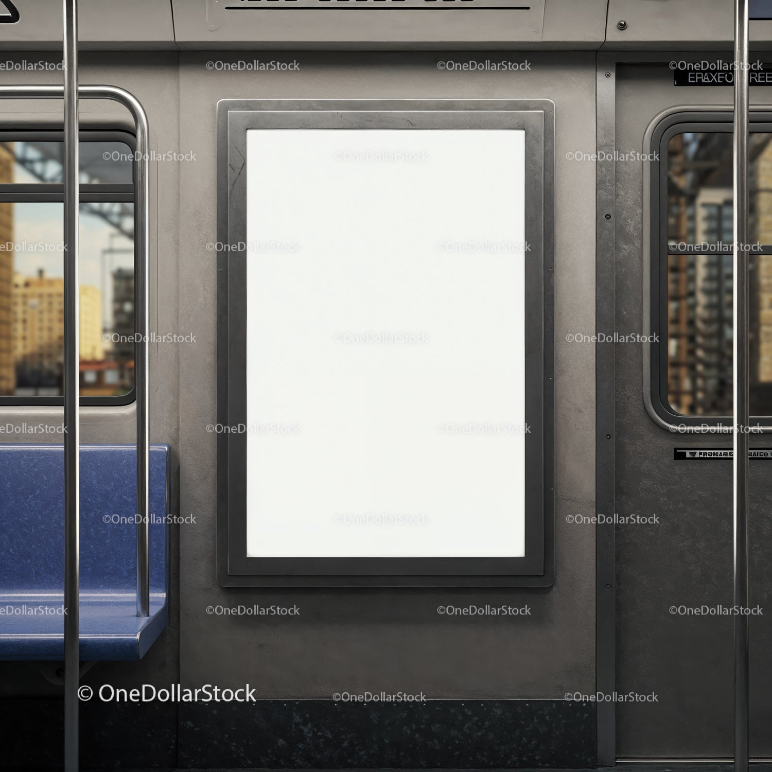 Blank advertising board inside modern subway train carriage