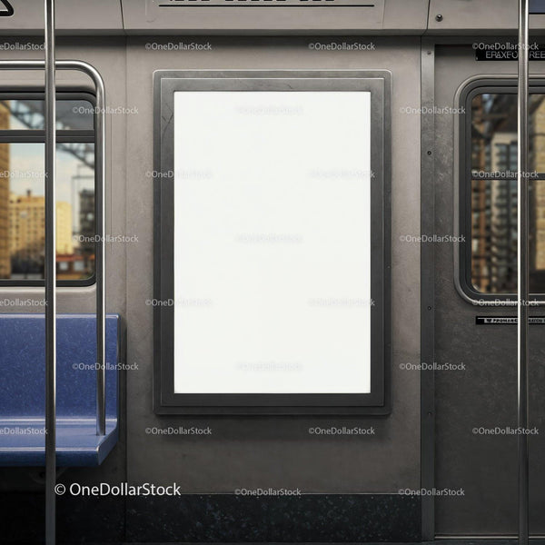 Blank advertising board inside modern subway train carriage JPG Mockup Image