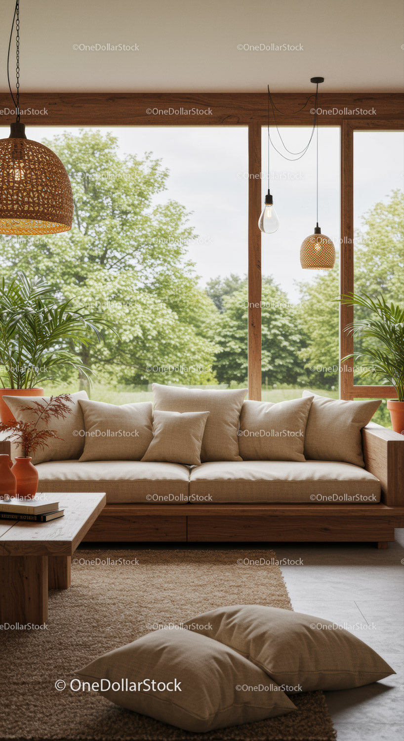 Cozy modern living room with natural light and greenery