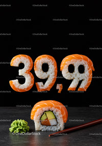 Creative sushi rolls shaped as price 39.99 with soy sauce