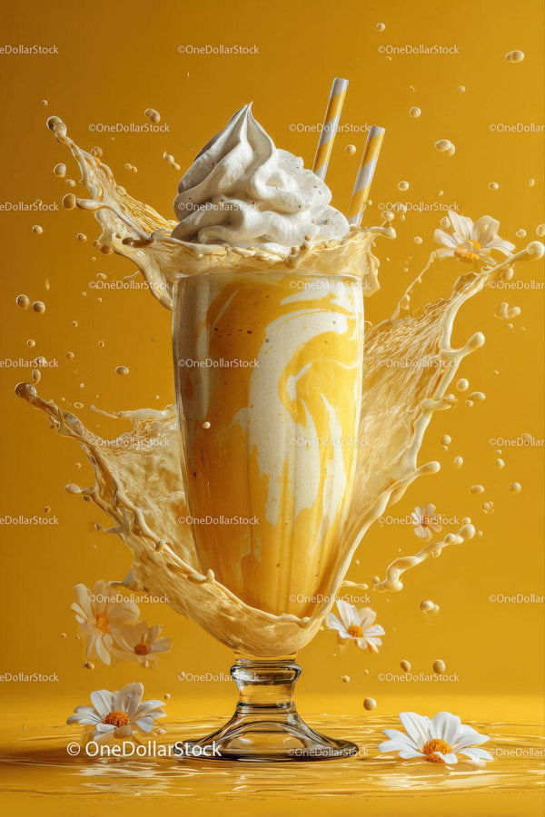 Vibrant Milkshake Splash with Whipped Cream and Flowers