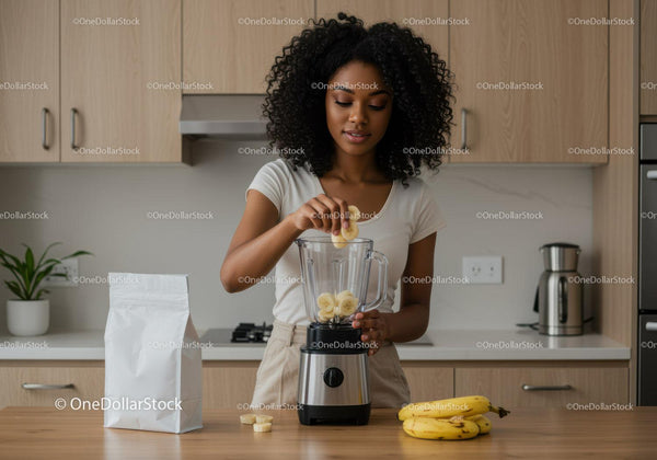 Woman Preparing Bananas for Smoothies in a Modern Kitchen JPG Mockup Image