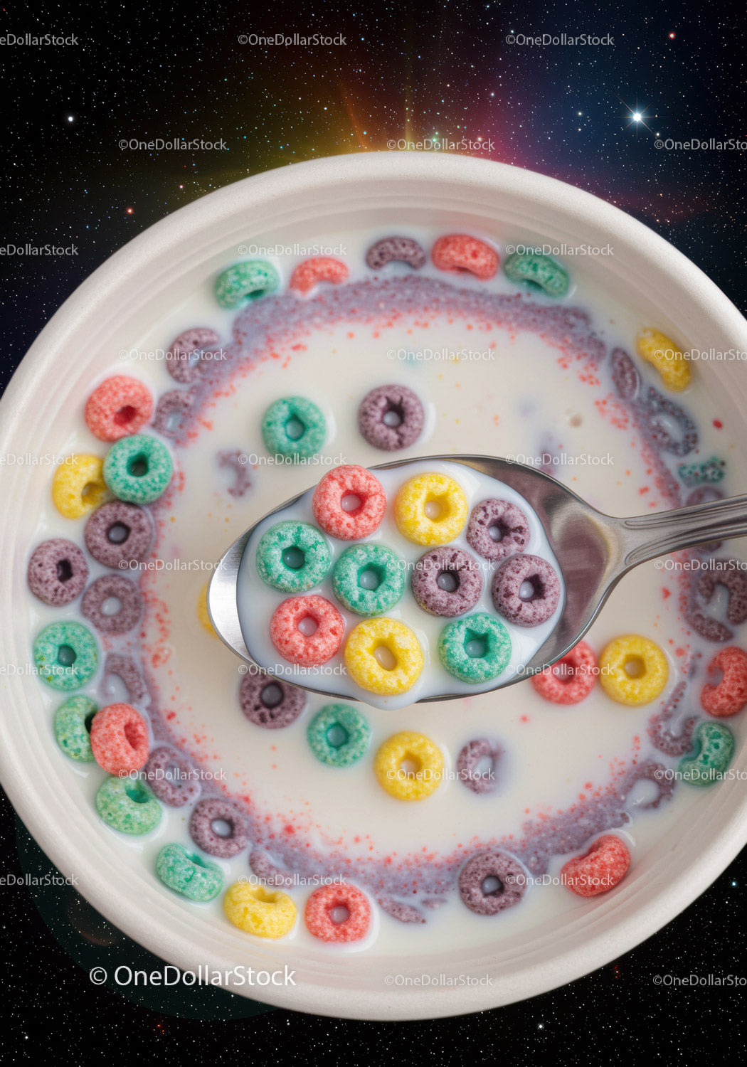 Colorful Cereal Rings with Milk in White Bowl Spoon