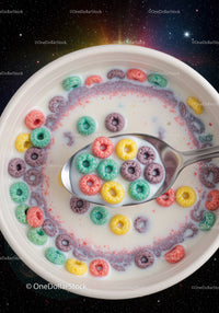 Colorful Cereal Rings with Milk in White Bowl Spoon