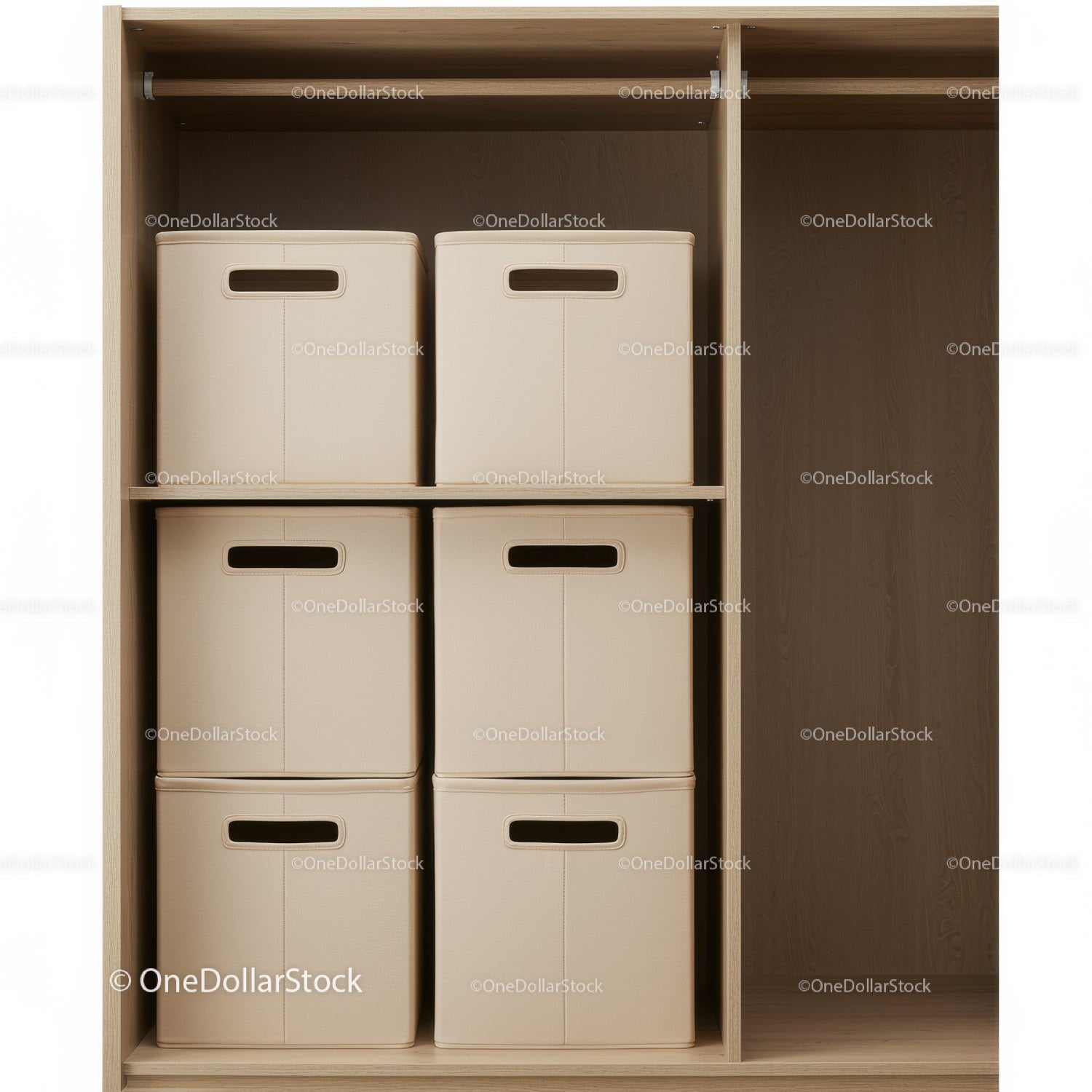 Modern Wooden Shelf with Beige Storage Boxes for Organized Home