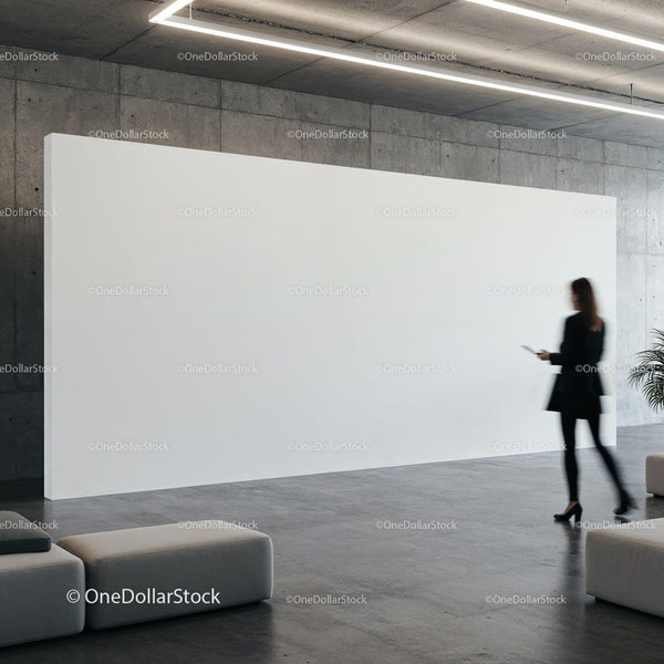Businesswoman walking past blank white wall in modern space JPG Mockup Image