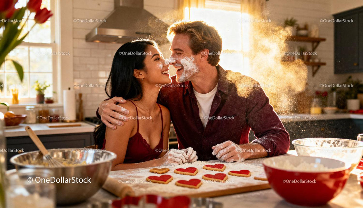 Couple Playfully Baking Heart-Shaped Cookies Together