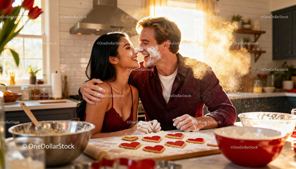 Couple Playfully Baking Heart-Shaped Cookies Together