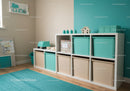Colorful Children's Room with Plastic Storage Bins and Shelves