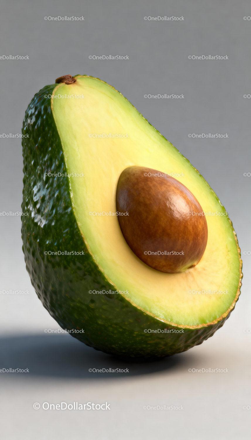 Fresh half ripe avocado with seed against gray background