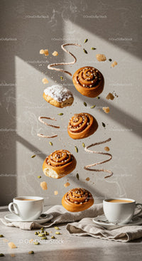 Cinnamon buns and coffee with spices in natural light