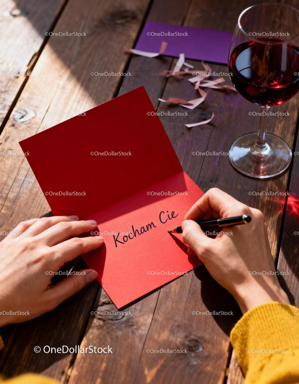 Writing a Romantic Love Message on Red Card at Table