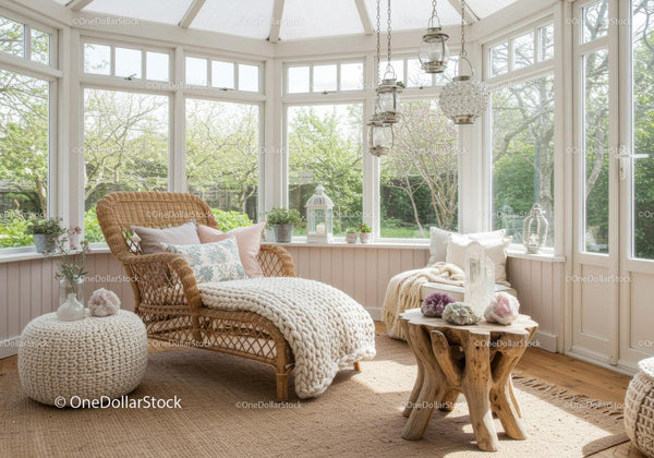 Cozy sunlit wicker lounge in a bright garden room
