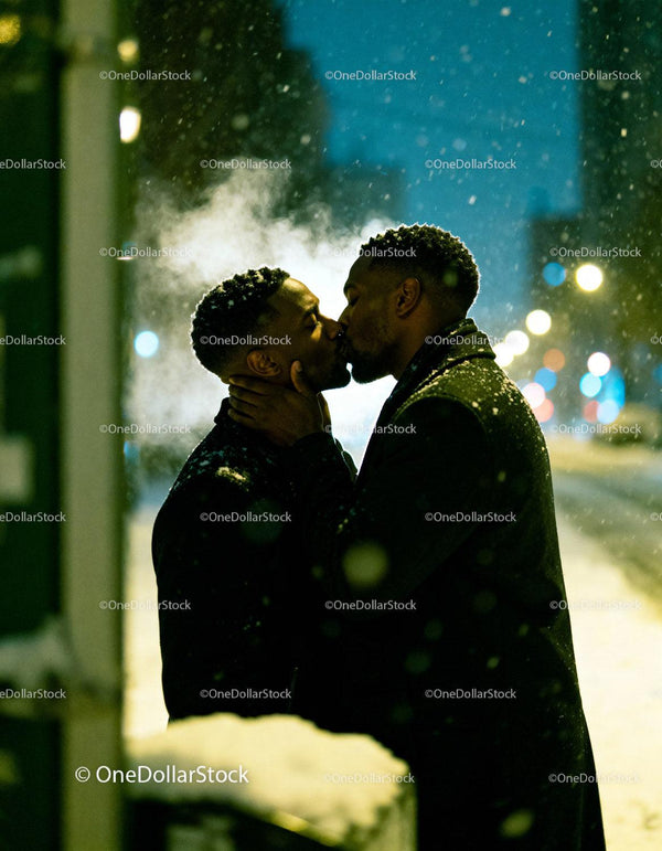 Couple Sharing a Warm Kiss on Snowy Winter Evening