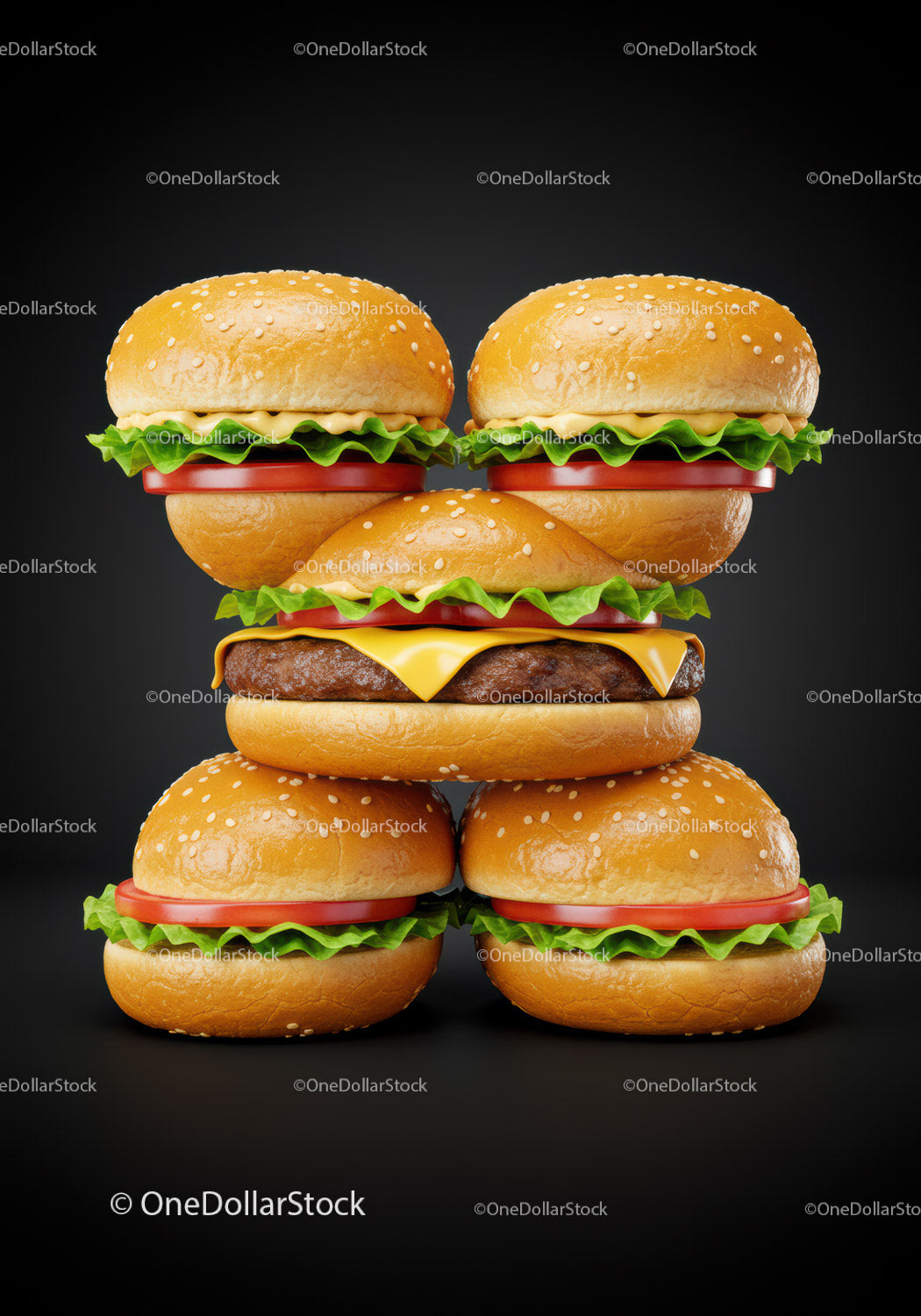Stack of Classic Cheeseburgers with Fresh Ingredients