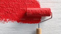 Red Paint and Painting Roller On White Wooden Surface