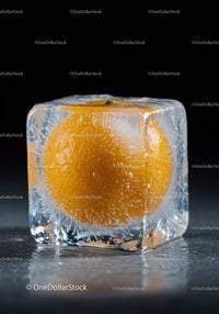 Orange fruit frozen inside melting ice cube