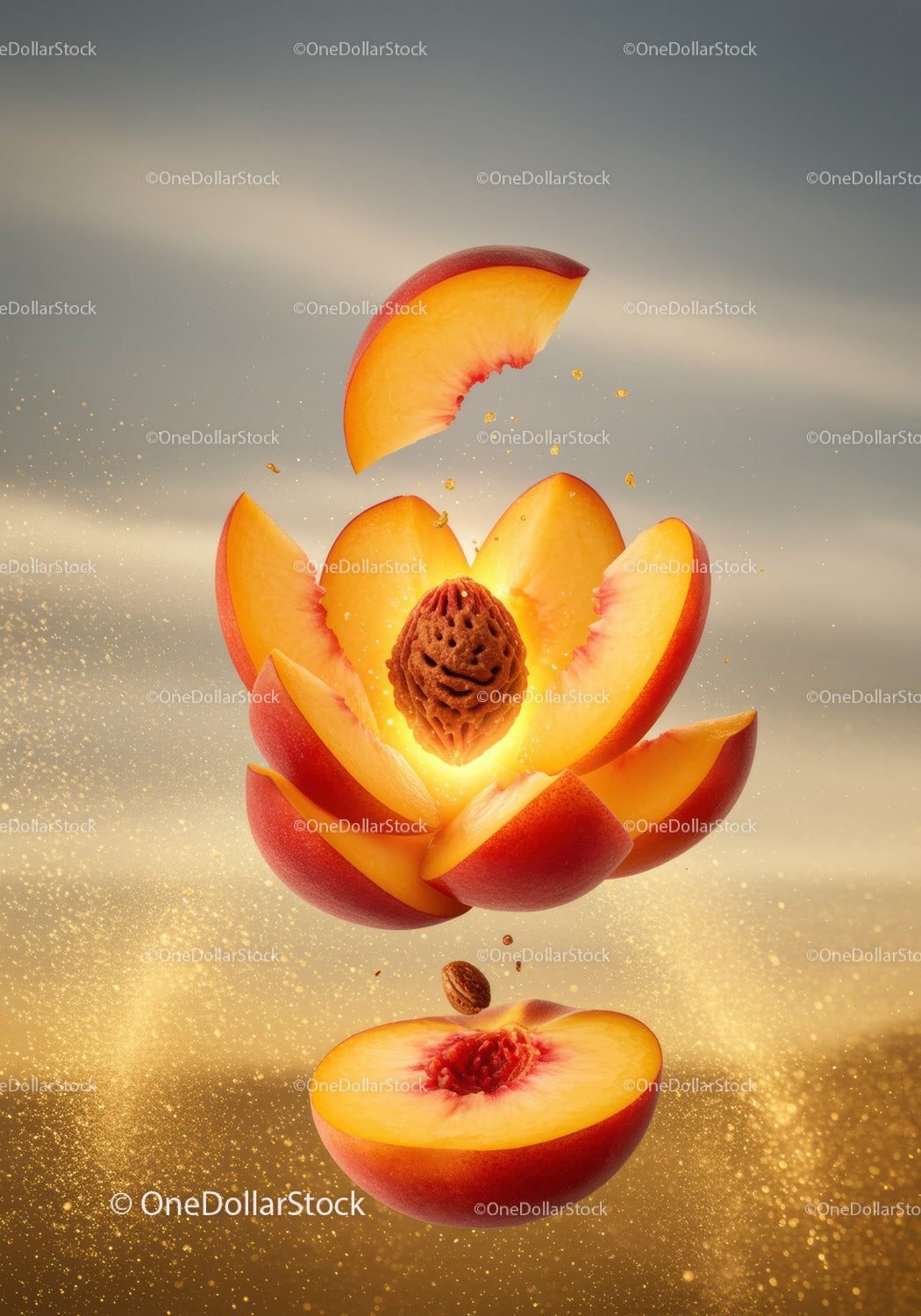 Fresh peach slices with glowing stone in dynamic explosion