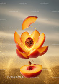 Fresh peach slices with glowing stone in dynamic explosion