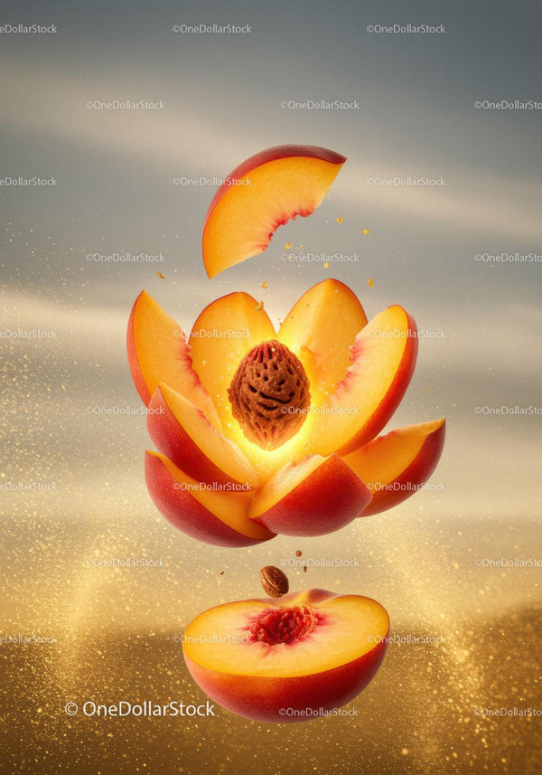 Fresh peach slices with glowing stone in dynamic explosion