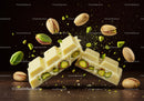 Broken white chocolate bar with crunchy pistachios splash