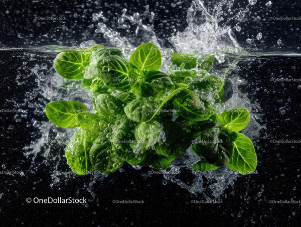 Fresh Green Basil Leaves Splashing in Water with Dynamic Motion
