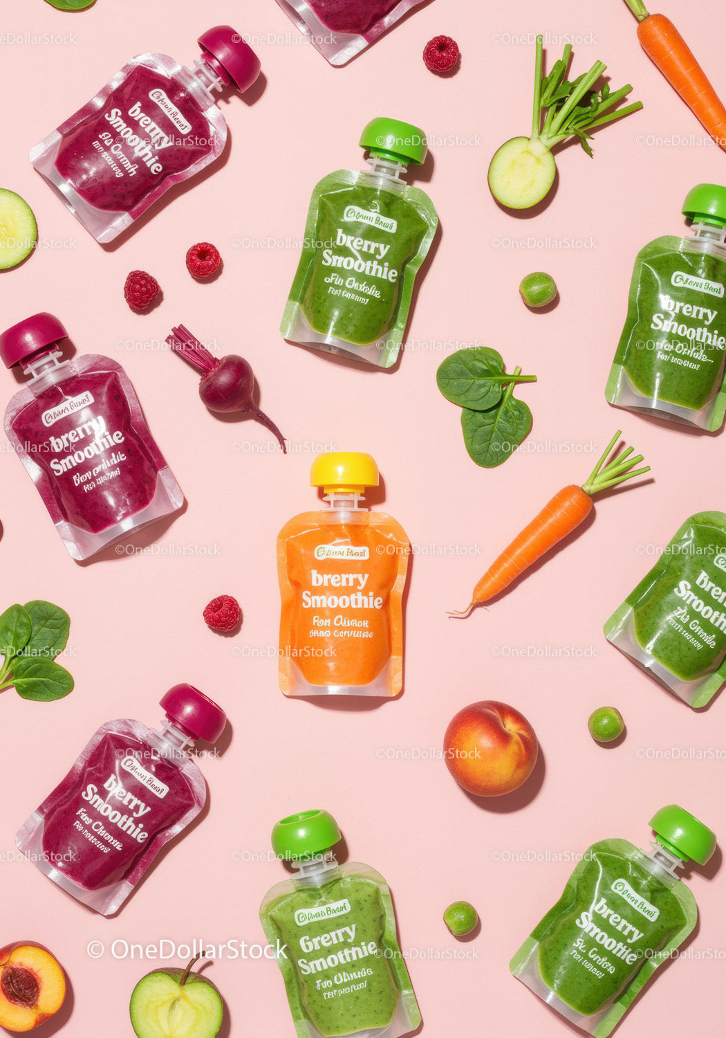 Colorful berry and vegetable smoothie pouches with fresh produce