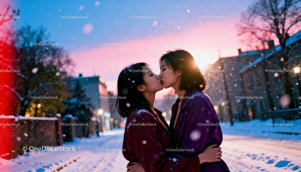 Romantic Winter Kiss Between Two Women at Sunset