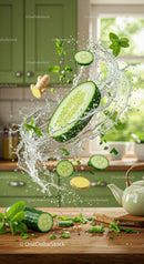 Fresh cucumber and ginger with water splash in kitchen
