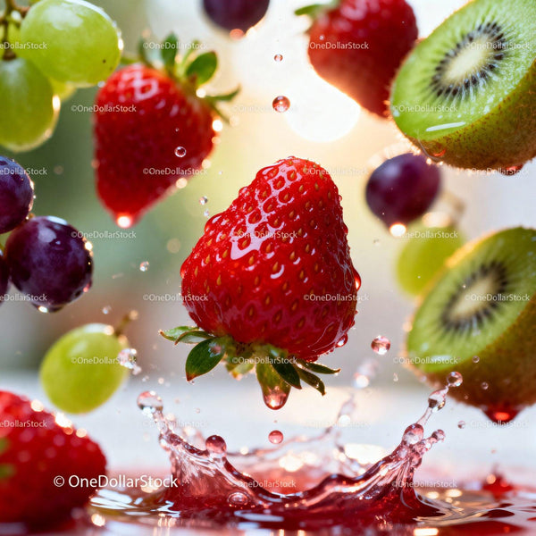 Fresh berries and kiwis splashing in water close-up