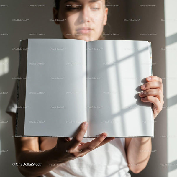 Person Holding an Open Blank Book in Soft Natural Light JPG Mockup Image