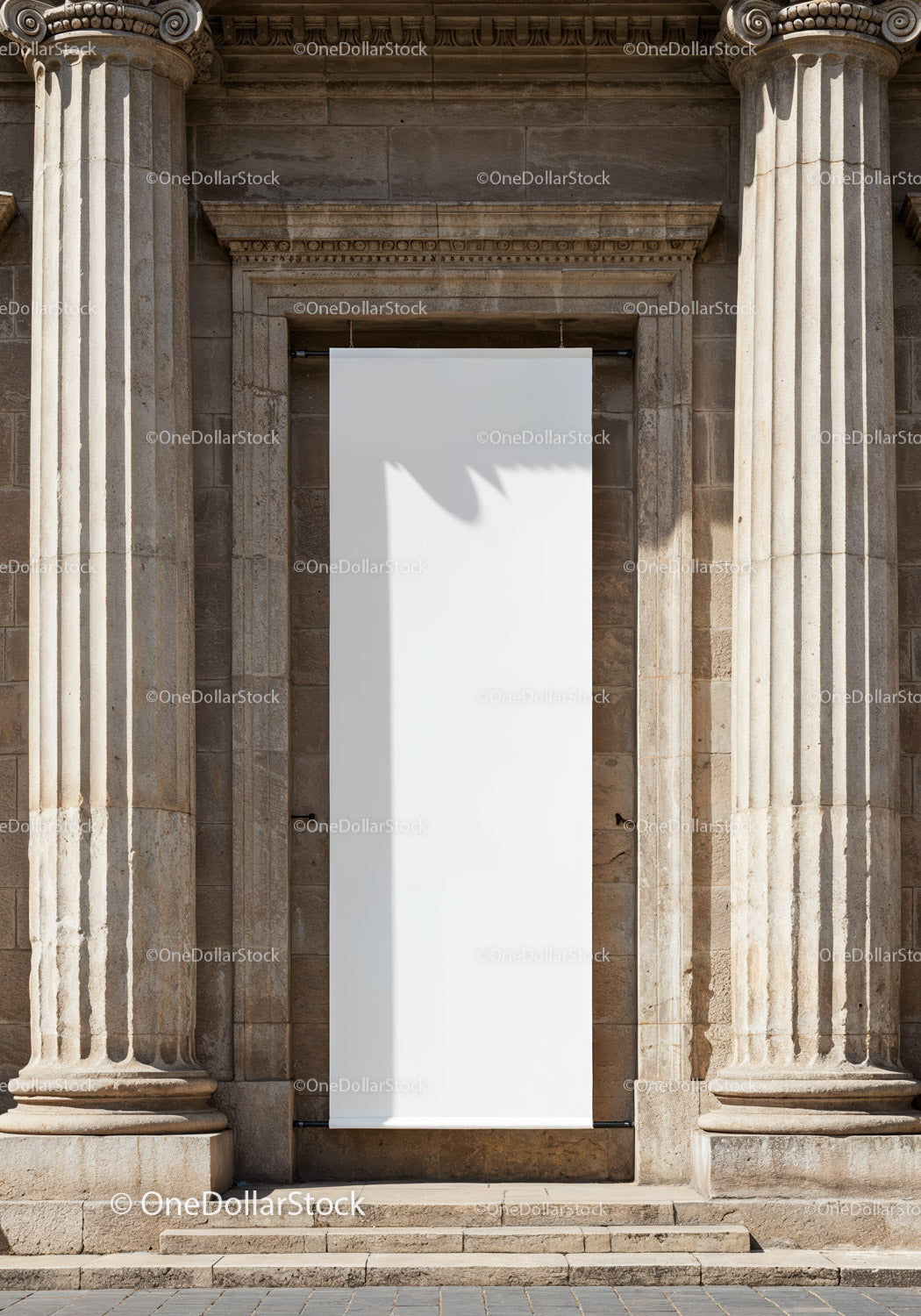 Blank Vertical Banner Between Historic Stone Columns