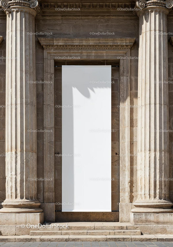 Blank Vertical Banner Between Historic Stone Columns JPG Mockup Image