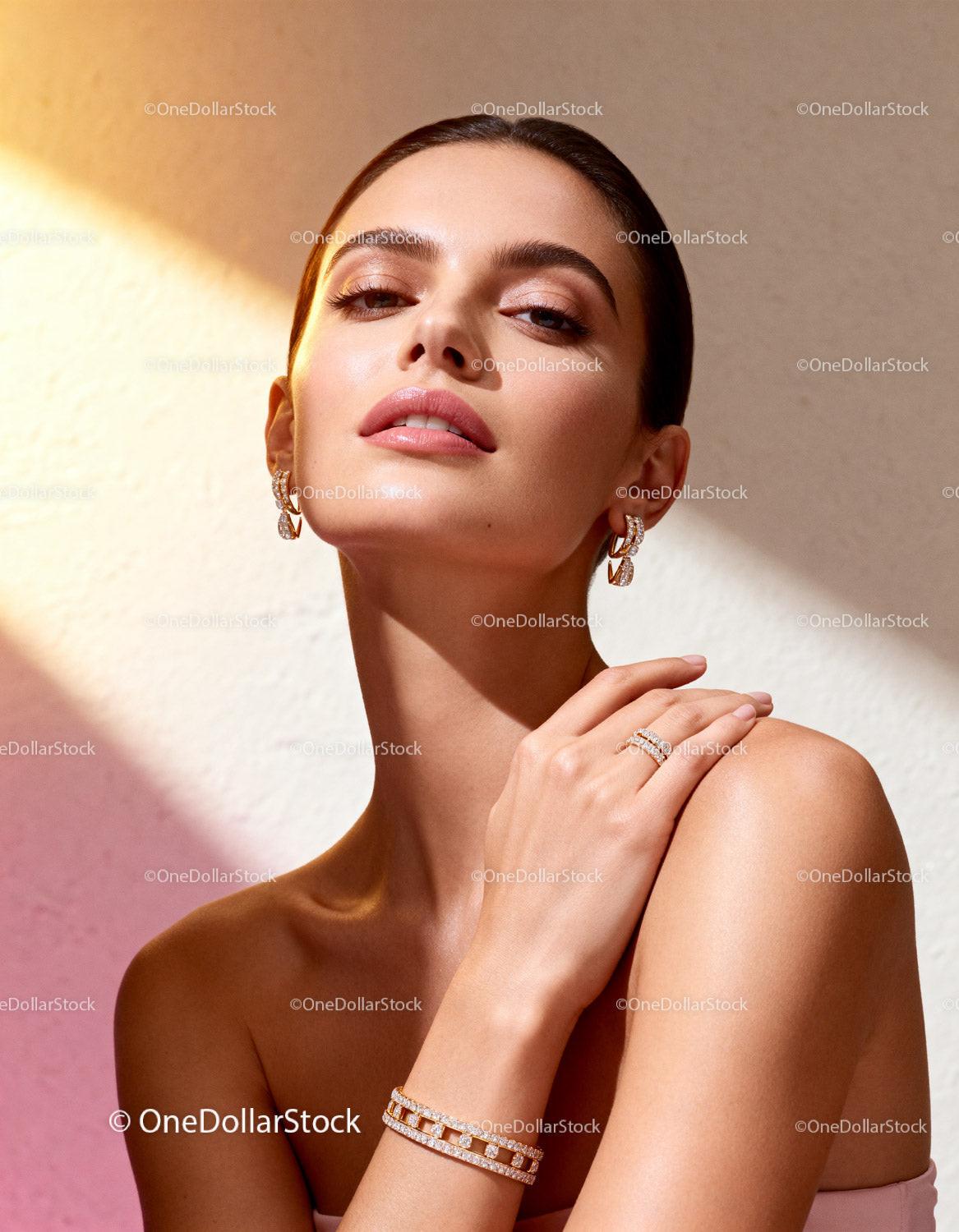 Confident woman showcasing elegant diamond jewelry