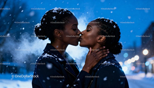 Couple sharing a tender kiss in snowy winter evening