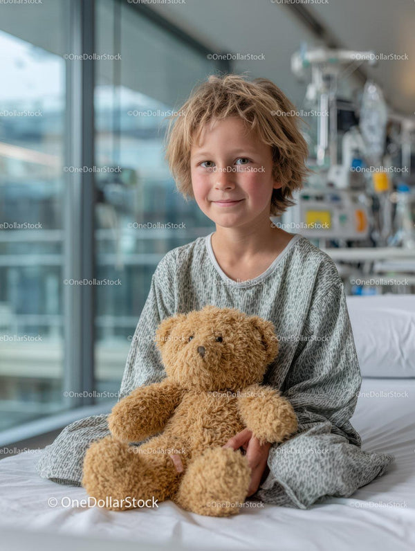 Smiling Child in Hospital Room Holding Teddy Bear