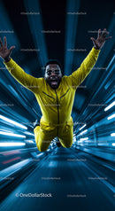 Dynamic Man in Yellow Jumpsuit Against Futuristic Background