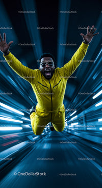 Dynamic Man in Yellow Jumpsuit Against Futuristic Background