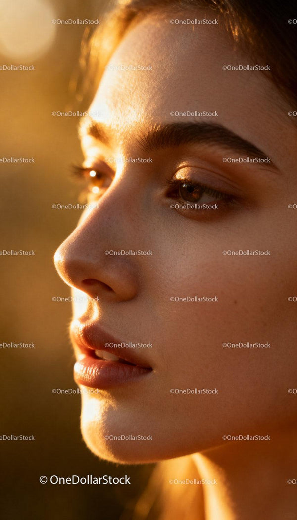 Close up of young woman’s face glowing in golden hour light