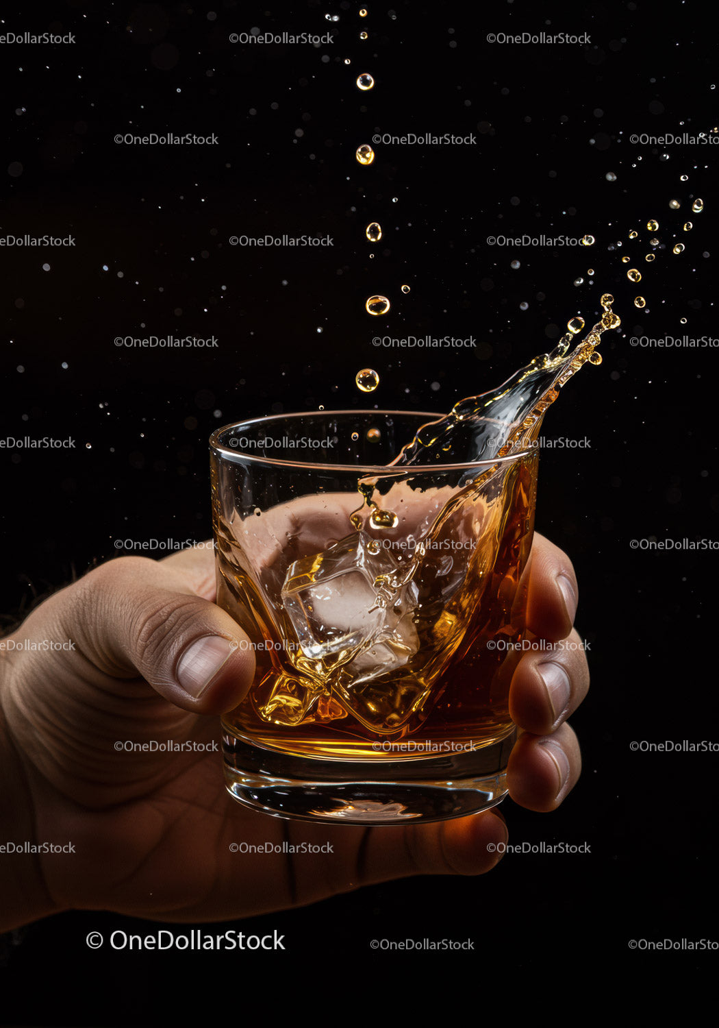 Dłoń trzymająca szklankę whisky z rozpryskującymi się kostkami lodu