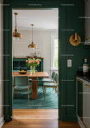 Elegant Green and Wooden Dining Area with Fresh Flowers and Stylish Decor