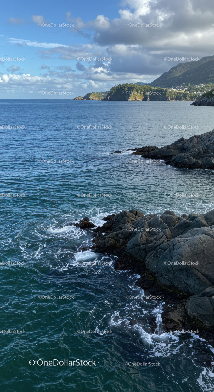 Scenic Coastal Landscape with Rocky Shore and Mountain View