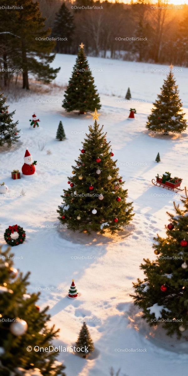Christmas Trees and Holiday Decorations in Snowy Field