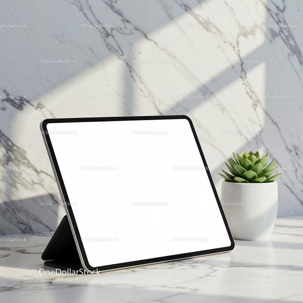 Digital Tablet with Blank Screen on Marble Surface JPG Mockup Image