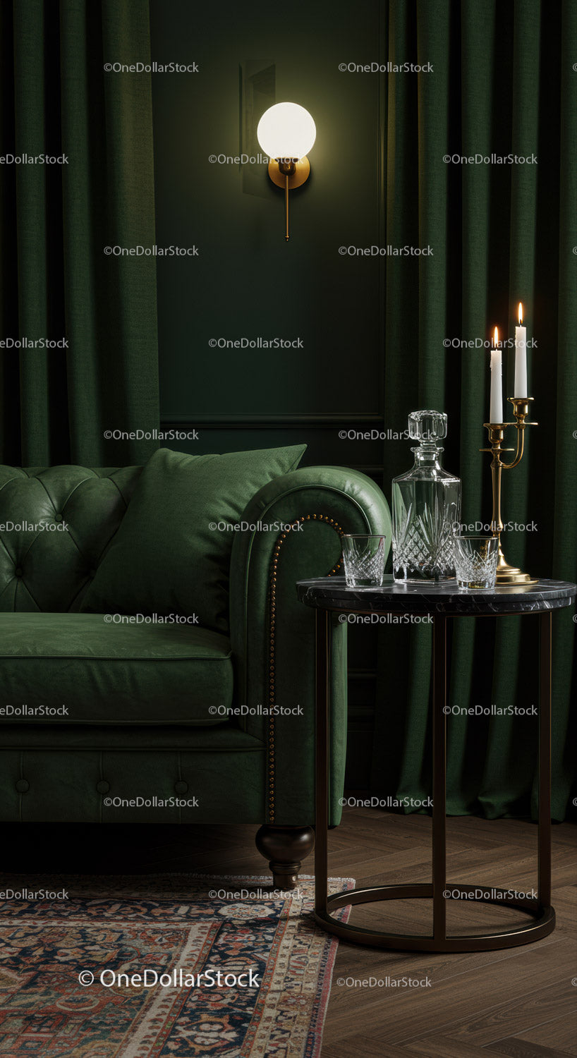 Przytulny kącik w salonie z zieloną skórzaną sofą w stylu vintage