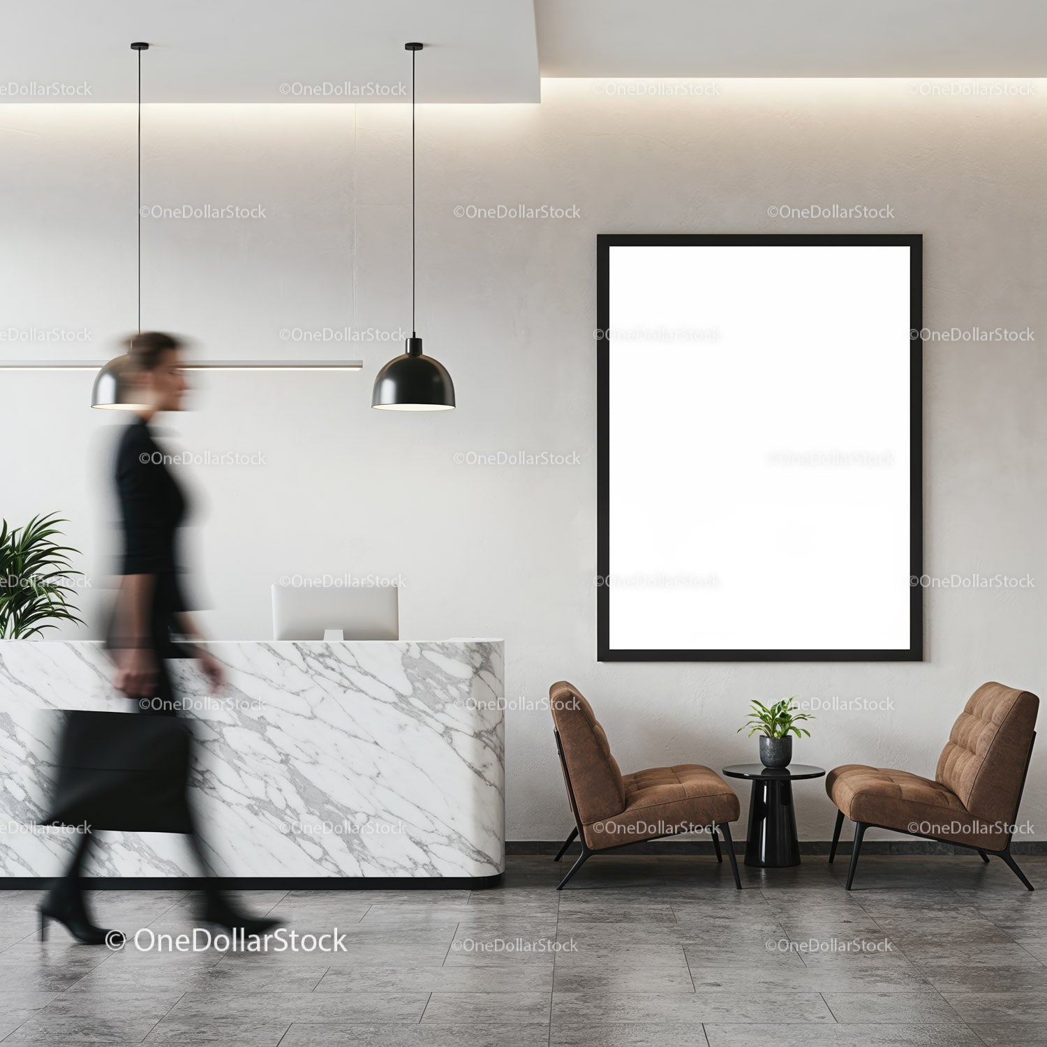 Modern reception area with marble desk and seating