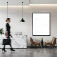 Modern reception area with marble desk and seating