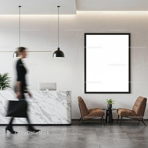 Modern reception area with marble desk and seating JPG Mockup Image