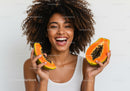 Smiling Woman Holding Ripe Papaya Slices Tropical Fruit Fresh Healthy