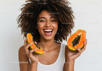 Smiling Woman Holding Ripe Papaya Slices Tropical Fruit Fresh Healthy